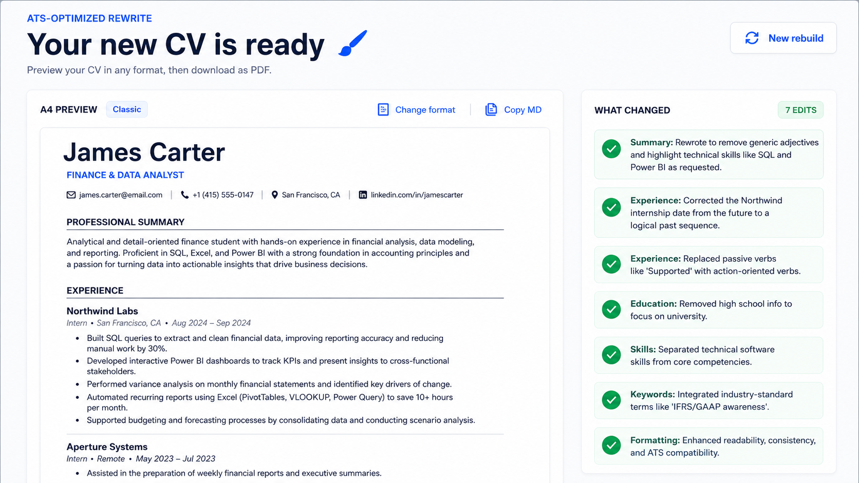 Before / after CV diff with 7-item changelog