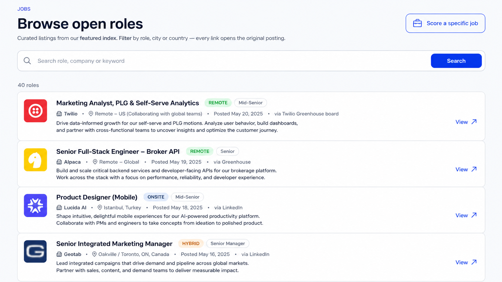Curated jobs list with match scores