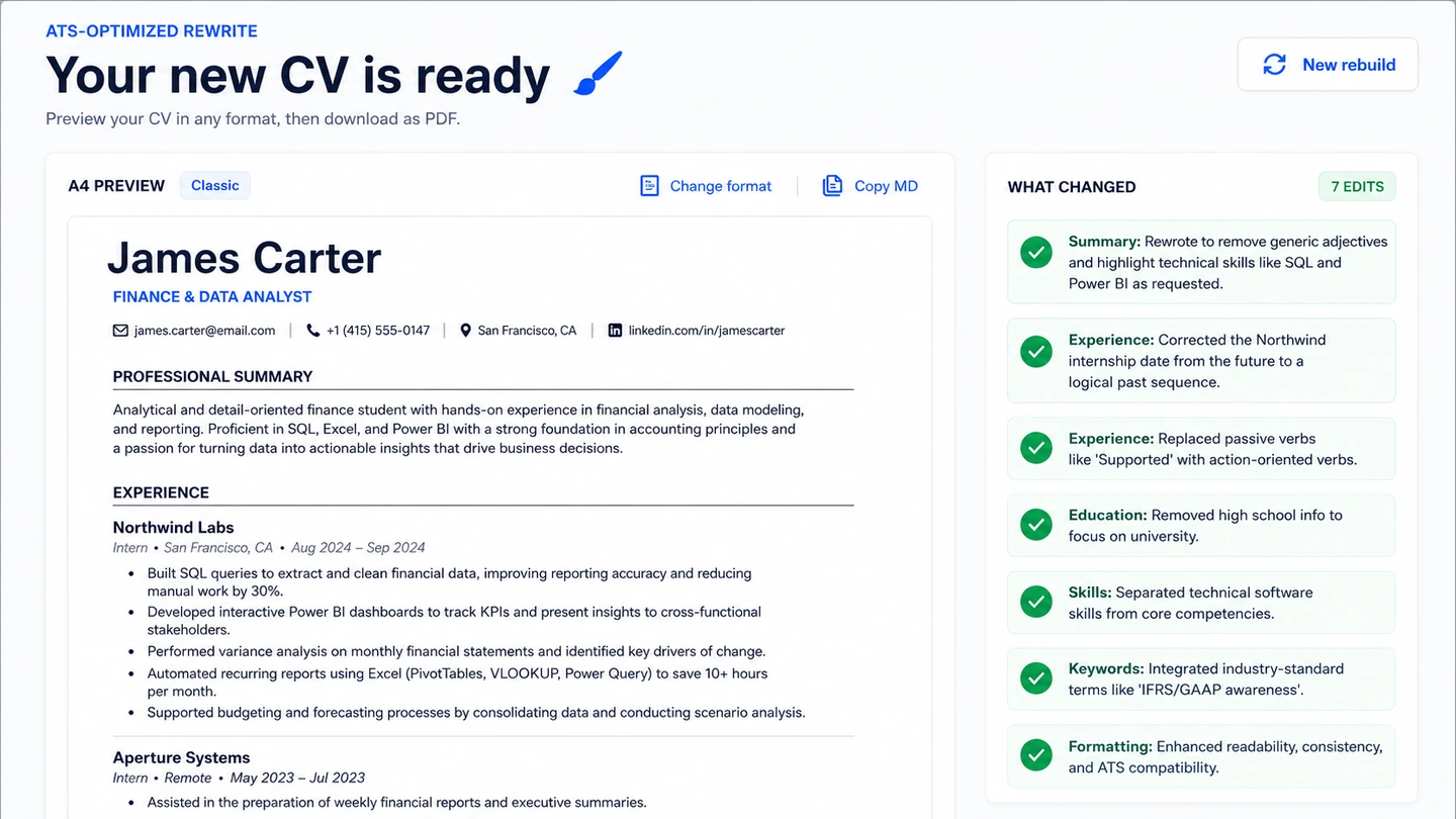 Before / after CV diff with 7-item changelog