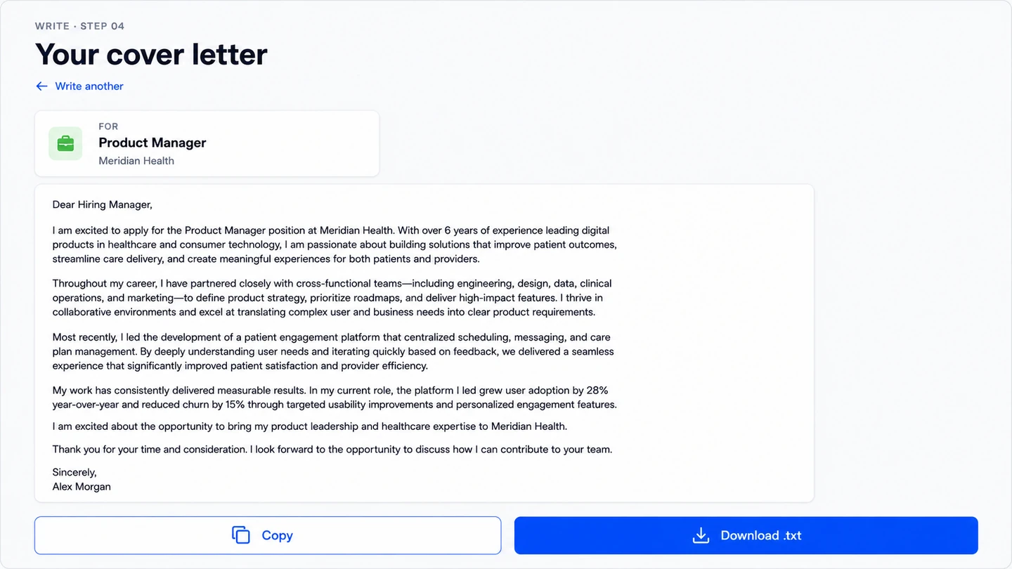 Generated cover letter preview